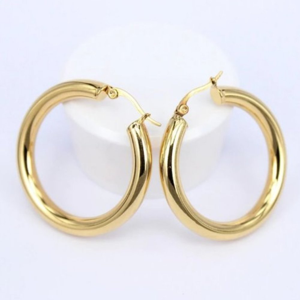 NEW 18K Yellow Gold Round 2'' Tube Hoop Earrings